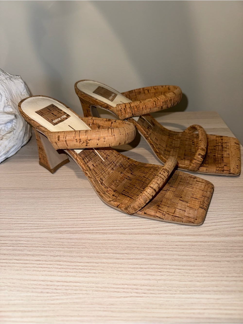 Dolce Vita size 8 Cork Square-Toe Slide Heels - Tan